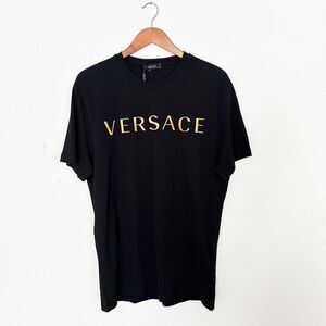Versace Authentic Black and Gold Embroidered T Shirt Cotton New with Tags
